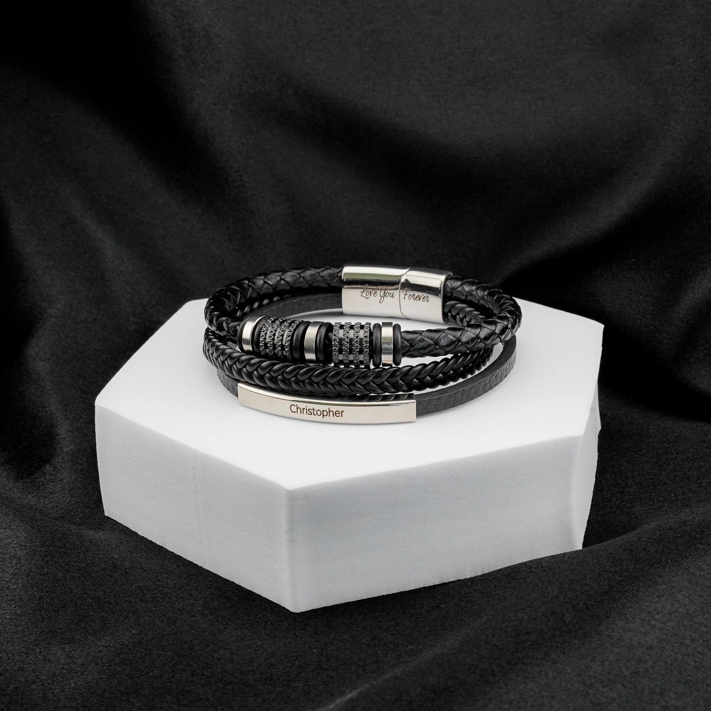 Forever Personalized Parent-to-Son Leather Bracelet — Custom Engraved Message, Masculine Design, Built for the Son Who Needs to Know His Dad/Mom Is Proud