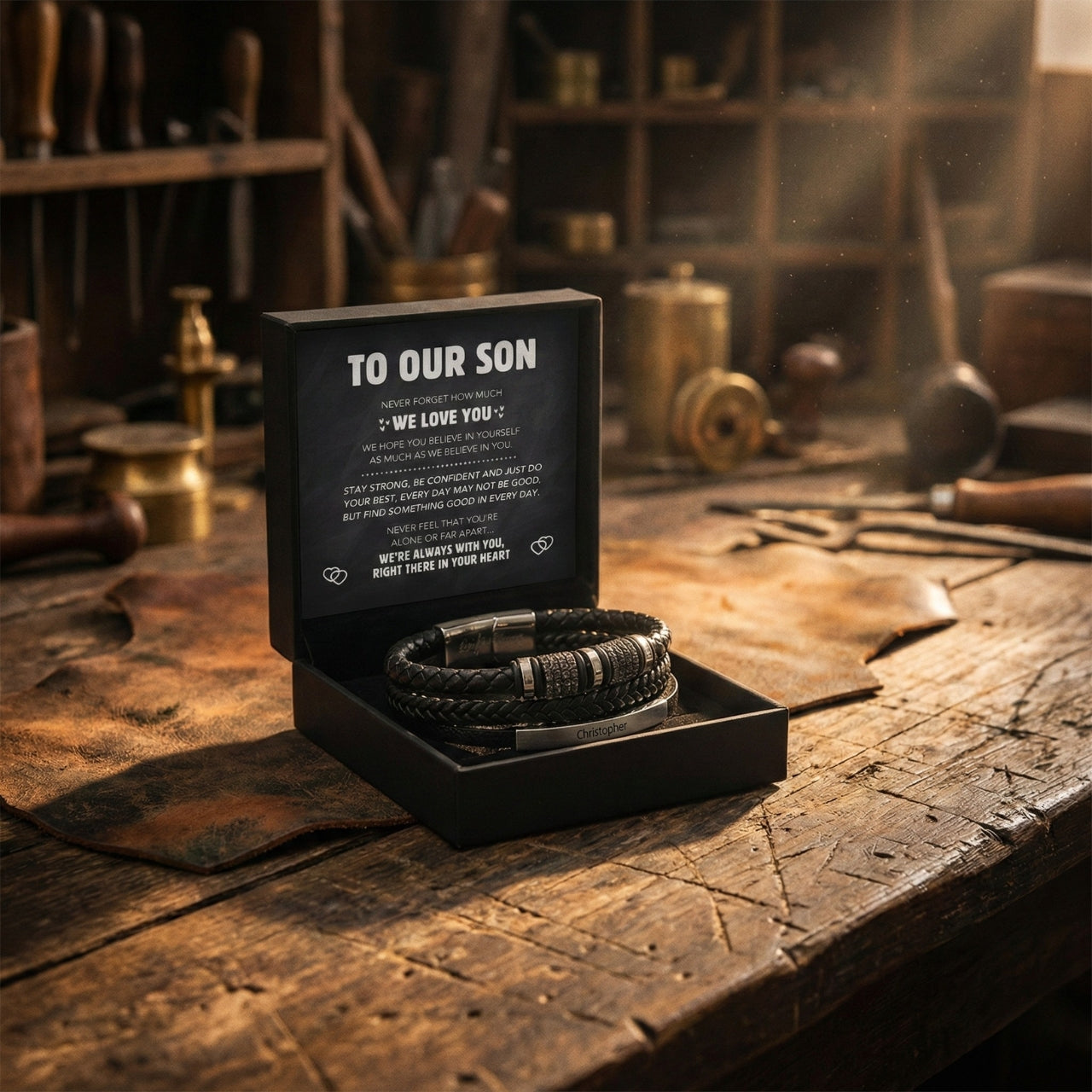 Forever Personalized Parent-to-Son Leather Bracelet — Custom Engraved Message, Masculine Design, Built for the Son Who Needs to Know His Dad/Mom Is Proud