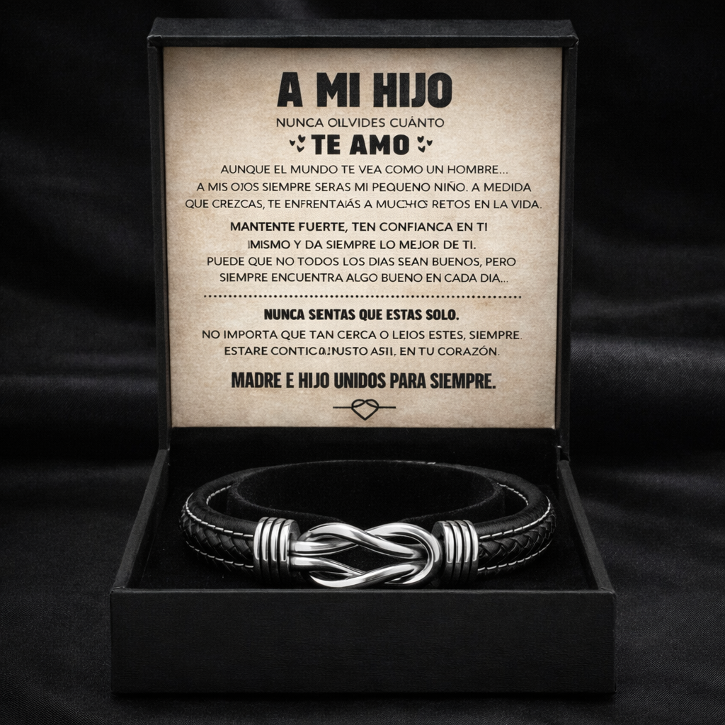 "A Mi Hijo" Infinity Knot Bracelet Gift Set with Personalized Engraved Name