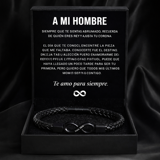 "A Mi Hombre" Pulsera del infinito personalizada para él: regalo con nombre grabado y lleno de significado