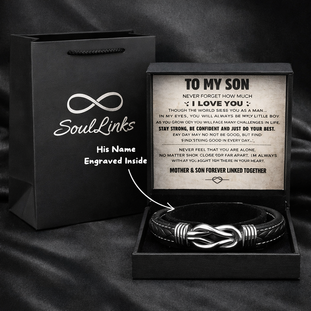 "To My Son" Infinity Knot Bracelet Gift Set with Personalized Engraved Name