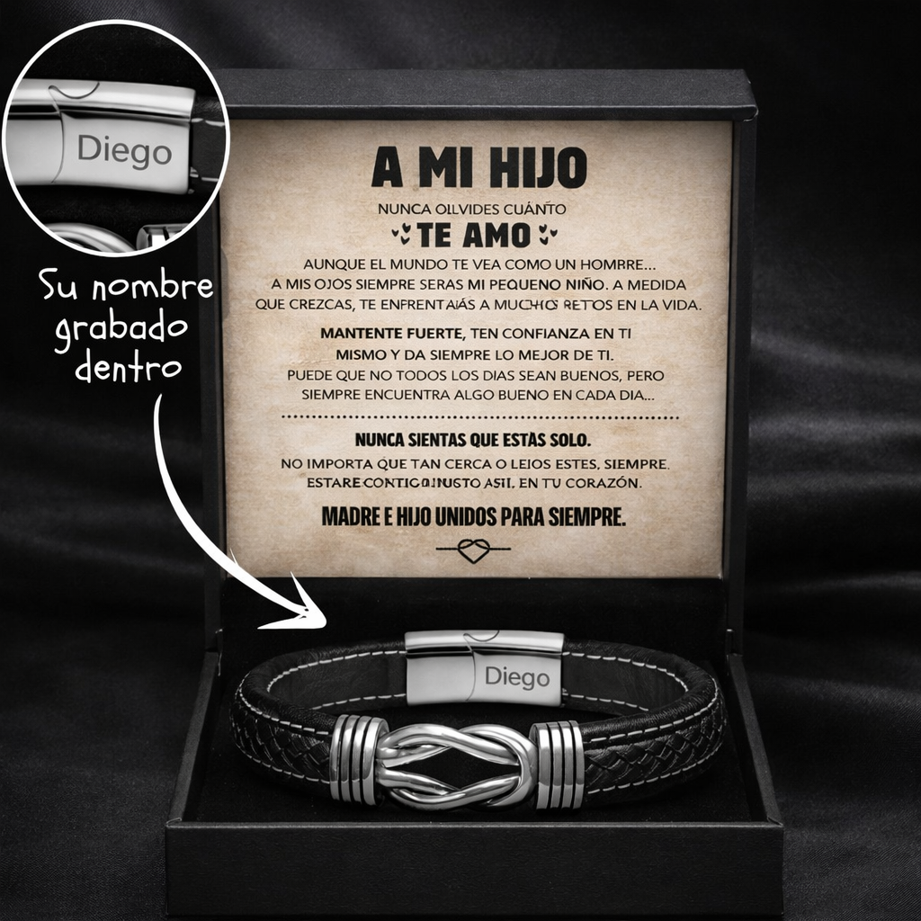"A Mi Hijo" Infinity Knot Bracelet Gift Set with Personalized Engraved Name