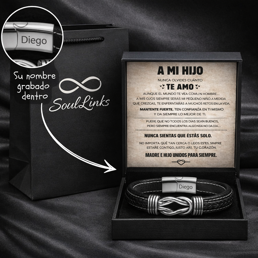 "A Mi Hijo" Infinity Knot Bracelet Gift Set with Personalized Engraved Name
