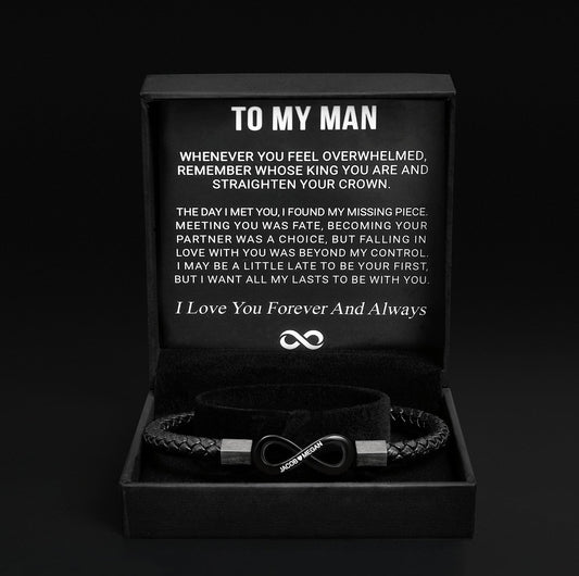 "To My Man" Pulsera del infinito personalizada para él: regalo con nombre grabado y lleno de significado