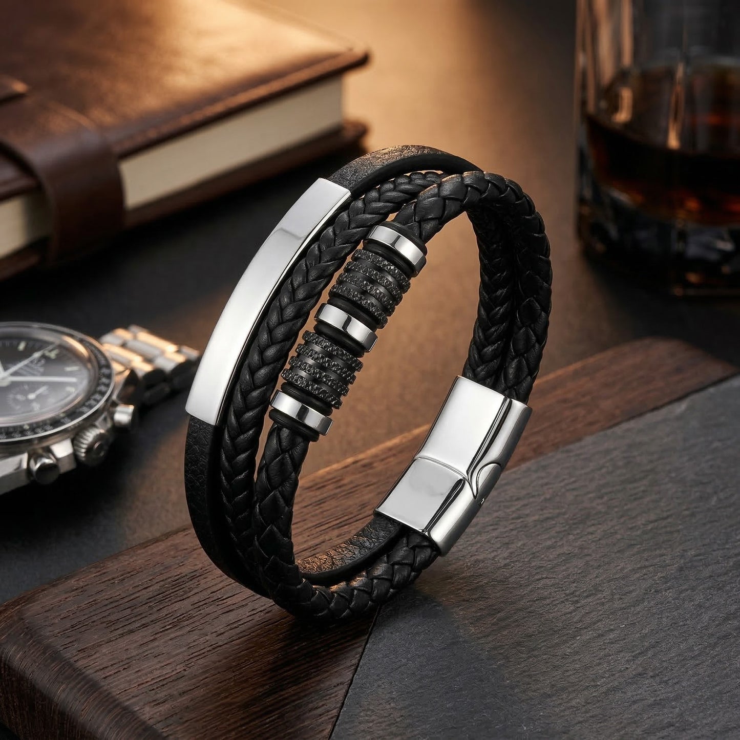 Pulsera de cuero personalizada para padres e hijos — Mensaje grabado a medida, diseño masculino, creada para el hijo que necesita saber que su papá/mamá está orgulloso/a 