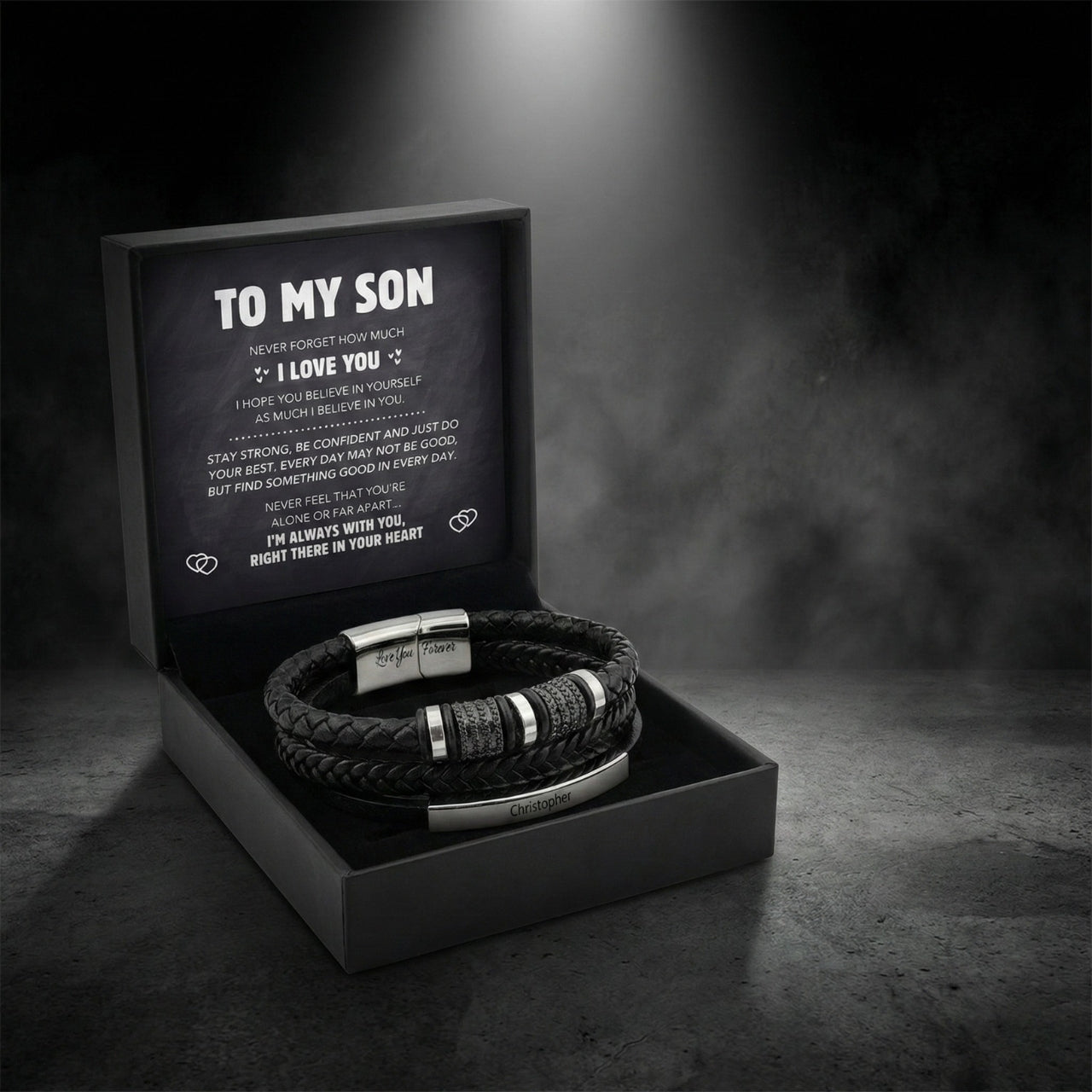 Forever Personalized Parent-to-Son Leather Bracelet — Custom Engraved Message, Masculine Design, Built for the Son Who Needs to Know His Dad/Mom Is Proud