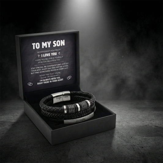 Pulsera de cuero personalizada para padres e hijos — Mensaje grabado a medida, diseño masculino, creada para el hijo que necesita saber que su papá/mamá está orgulloso/a 