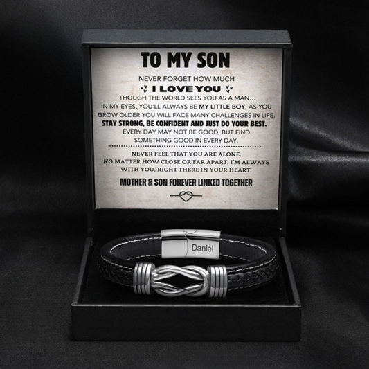 "To My Son" Set de regalo de pulsera de nudo infinito con nombre grabado personalizado